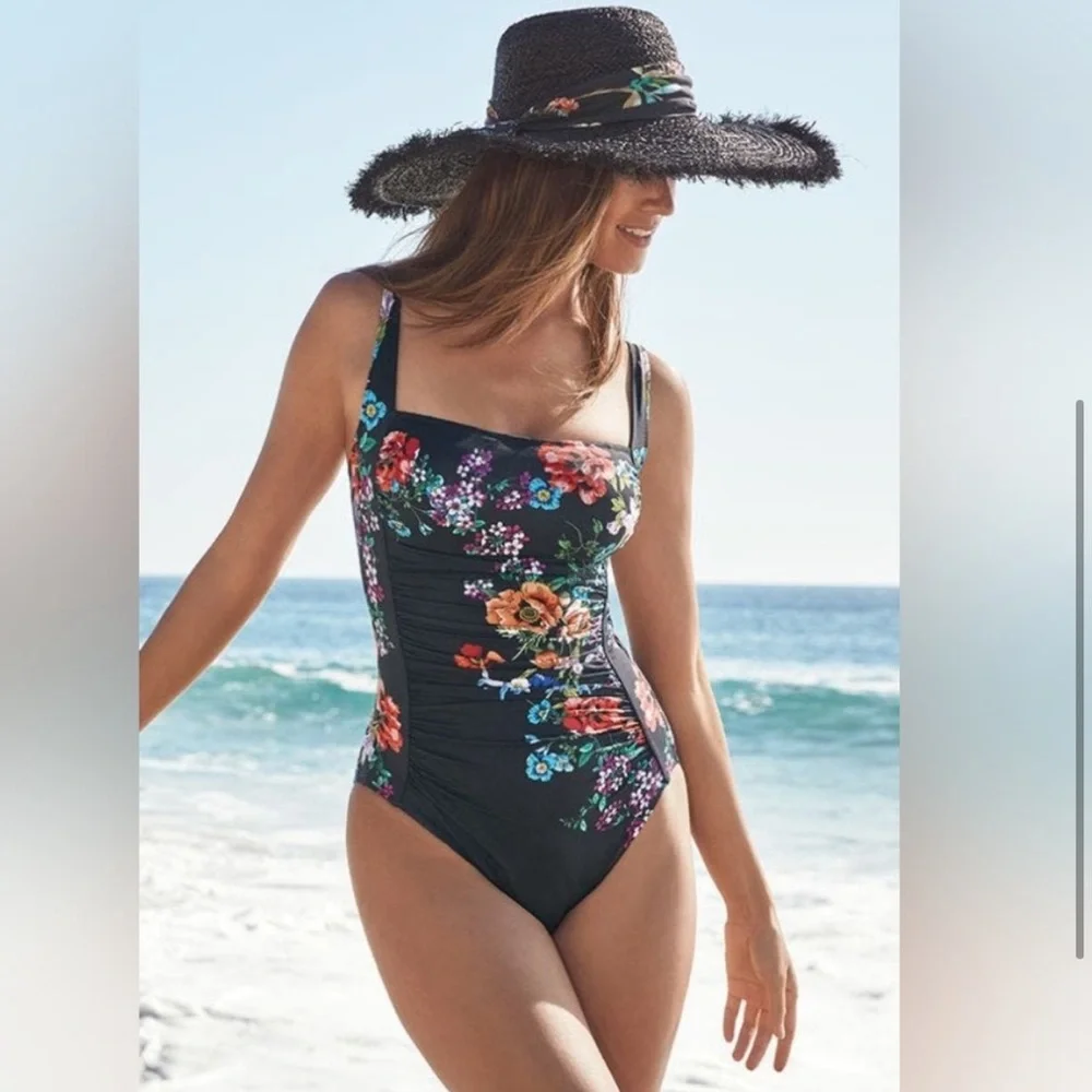 JOHNNY WAS Fay Floral Boho Black One Piece Swimsuit NEW Size XS